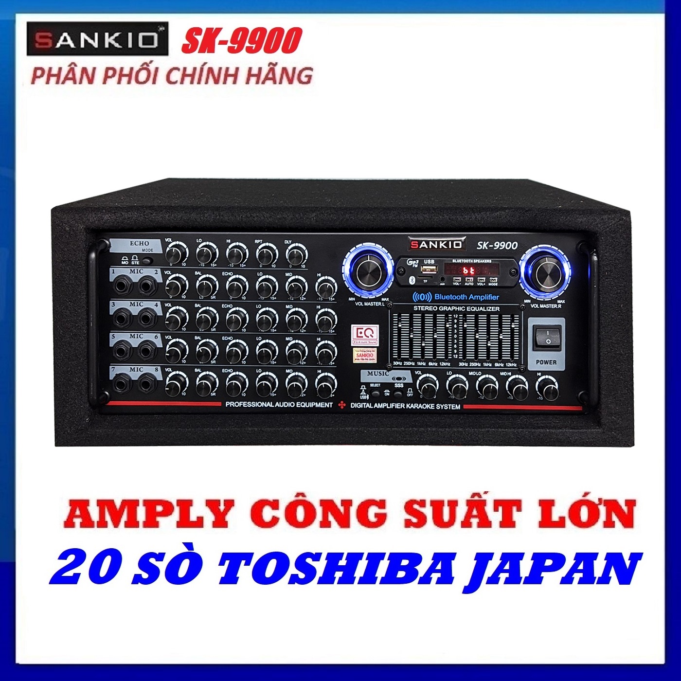 Amply karaoke Bluetooth SANKIO SK 9900 phiên bản bọc nỉ - 20 sò Công Suất Lớn, tích hợp EQ - Hàng chính hãng