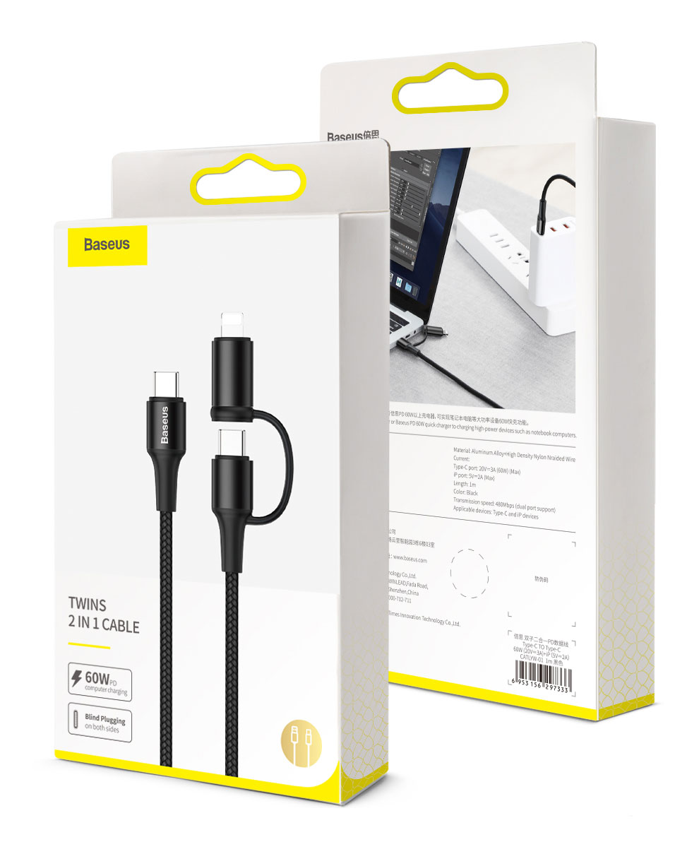 Cable sạc nhanh Type-C to Type-C &amp; Iphone 60W Baseus Twins 2in1 cable (CATLYW-01) - Hàng chính hãng