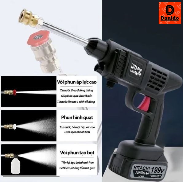 Máy Rửa Xe Dùng Pin HITA 199V - Động Cơ Lõi Đồng Mạnh Mẽ - Chuẩn Hàng Công Ty - D Danido