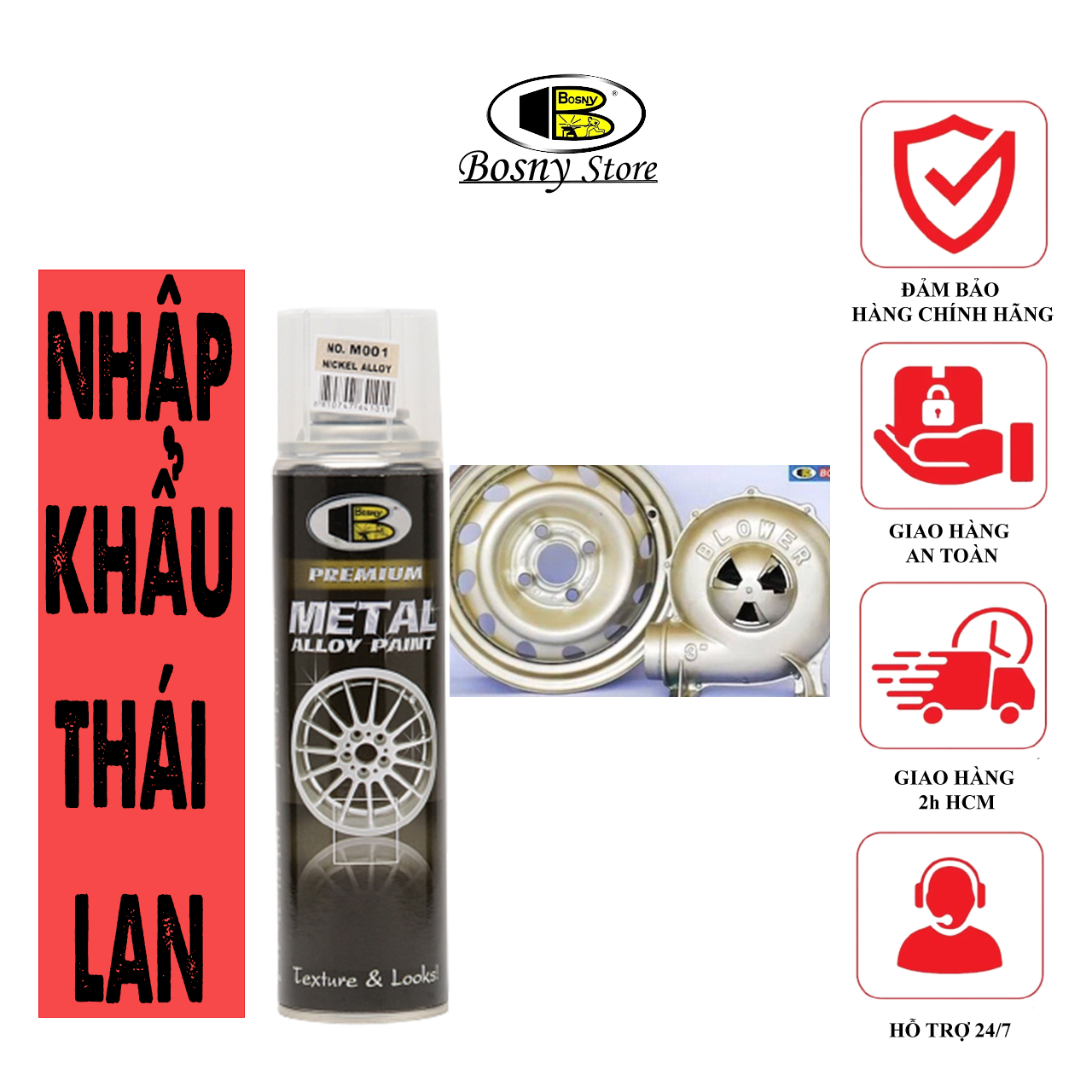Sơn xịt mâm xe Bosny - Nhập khẩu Thái Lan - Sản phẩm chất lượng cao cho bề mặt sáng bóng và chống trầy xước.