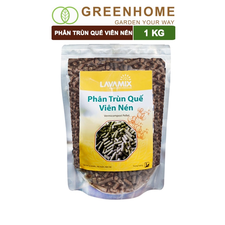 Phân Trùn Quế Viên Nén Greenhome, Lavamix, Bao 1kg, Dinh Dưỡng Hữu Cơ, Không Mùi, Tốt Cho Lan, Bonsai, Rau, Cây Ăn Trái