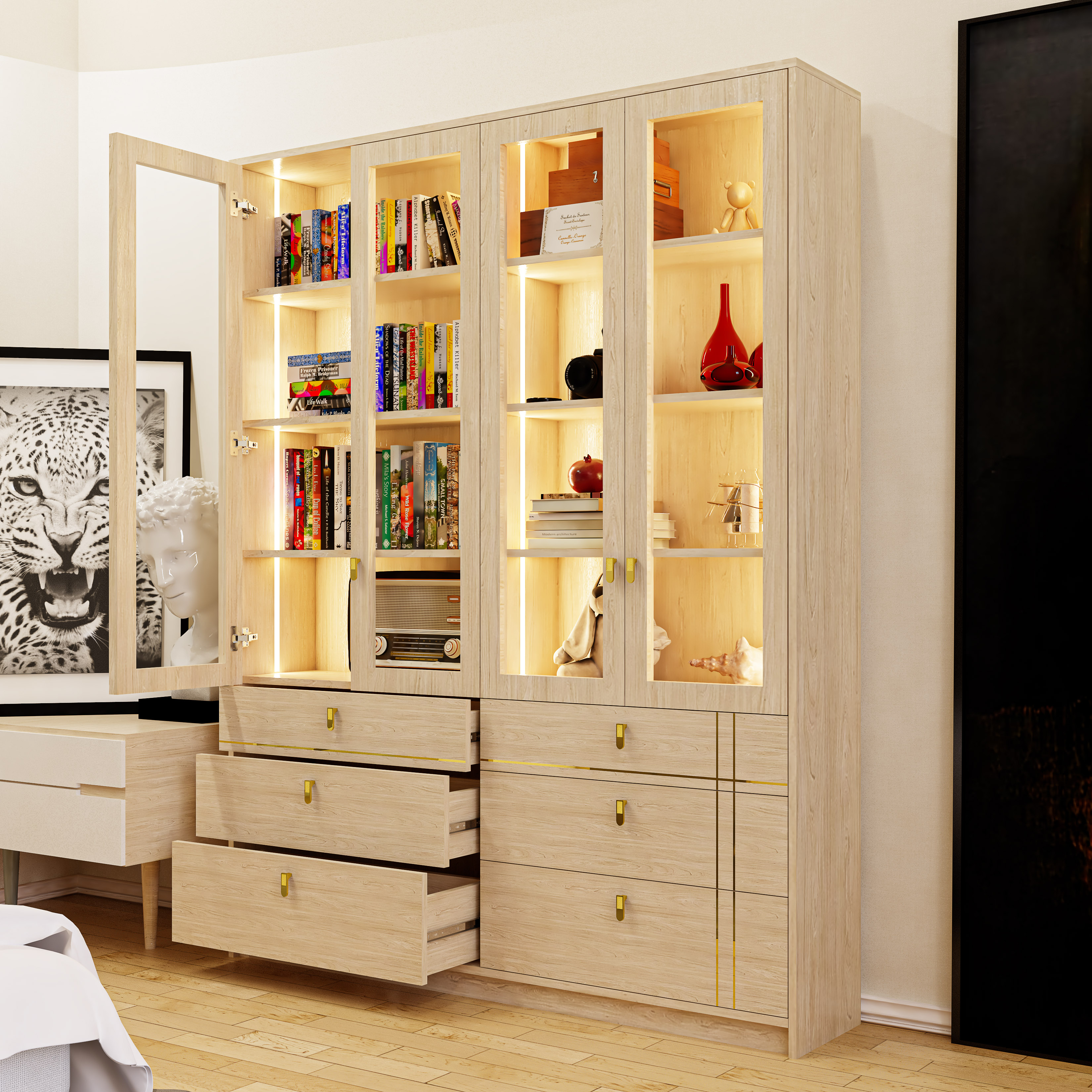 [Happy Home Furniture - 100% GỖ TỰ NHIÊN] JOCASTA, Tủ sách cửa kính, 160cm x 30cm x 200cm ( DxRxC), TCM_181