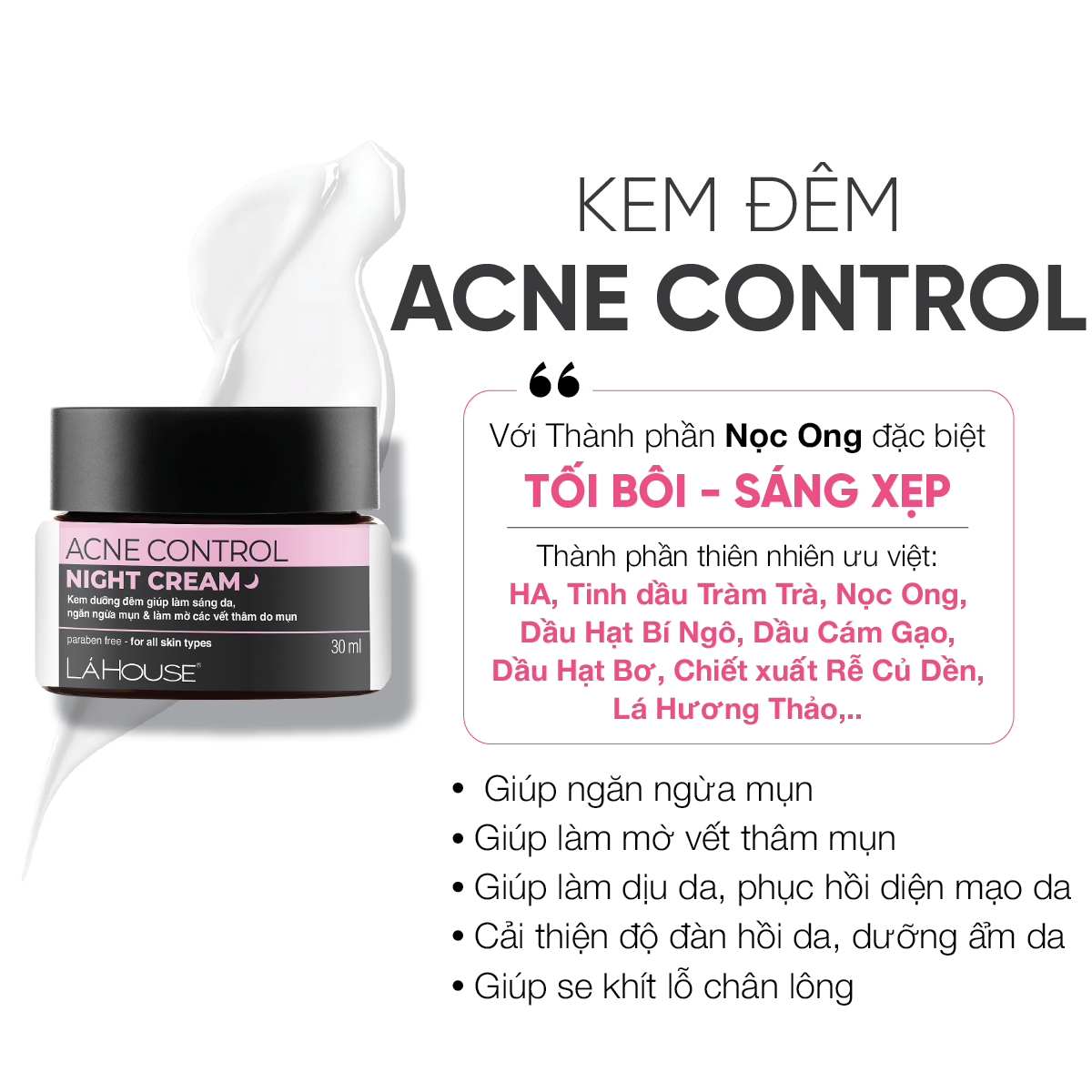 Kem Dưỡng Đêm Dành Cho Da Mụn, Giảm Thâm Mụn, Mờ Sẹo, Sáng Da Lá House Acne Control Night Cream 10Ml30Ml - 10Ml