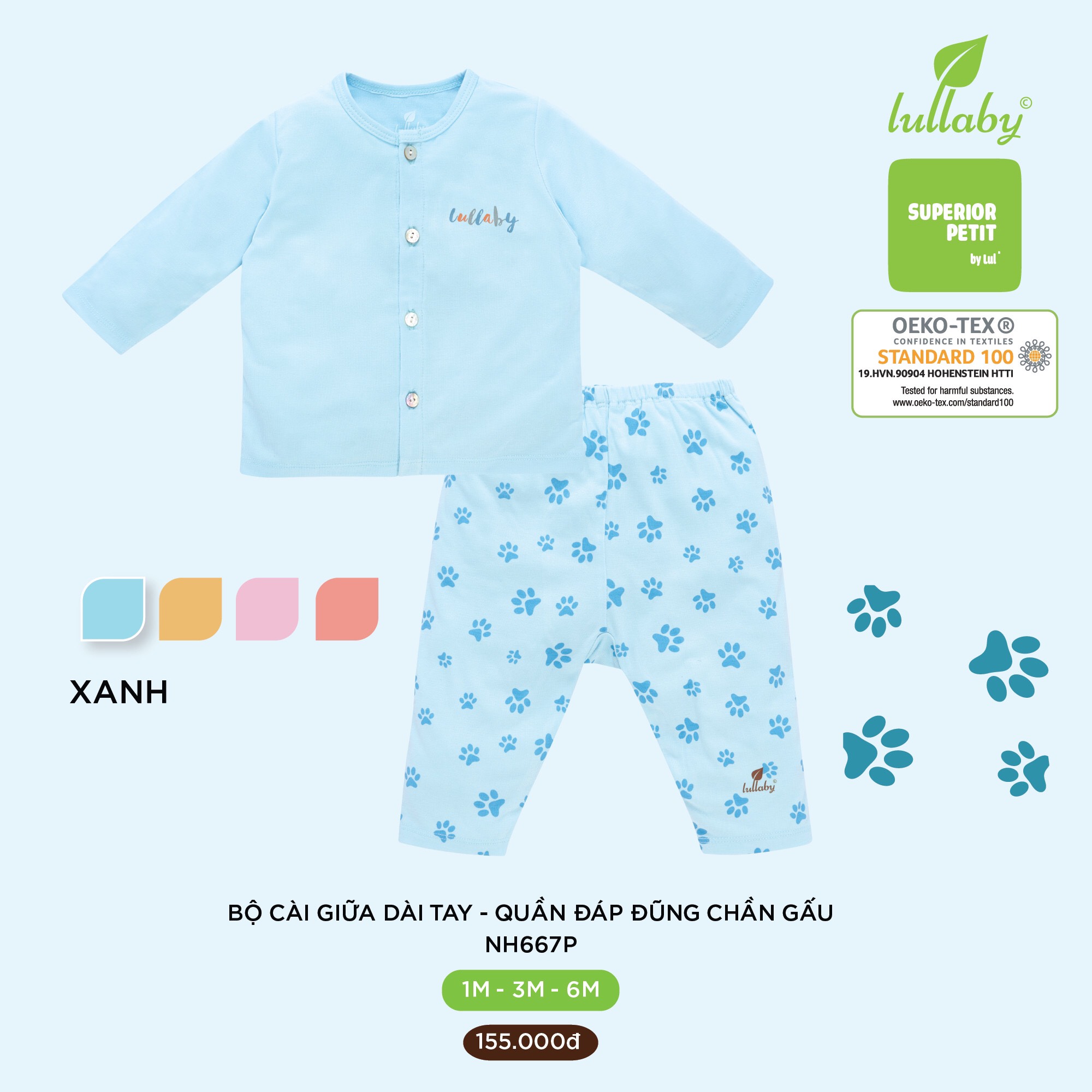 Bộ quần áo sơ sinh peptit Lullaby NH667P, bộ cài giữa mềm mịn, thoáng khí, thấm hút mồ hôi tốt