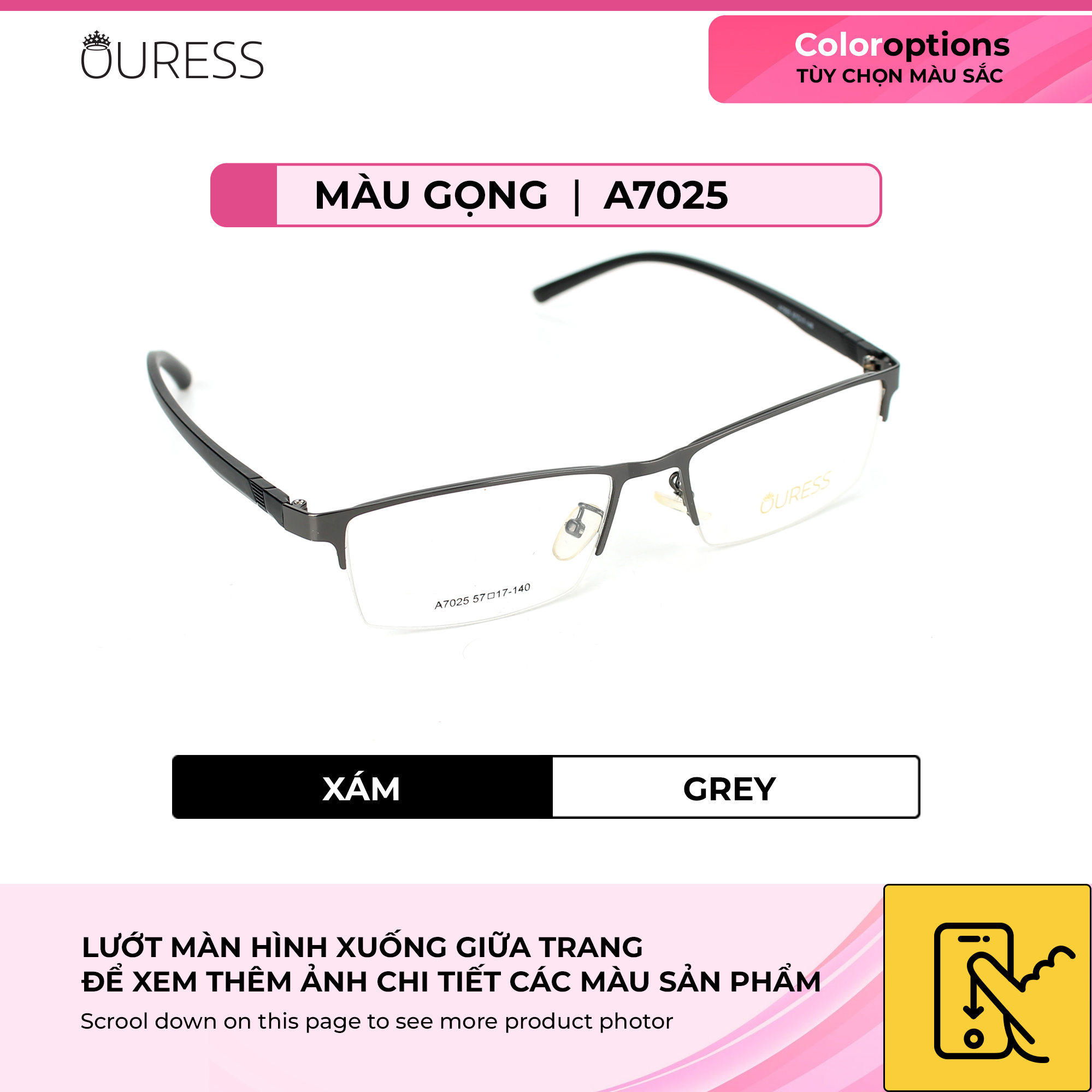 Gọng kính cận A7025 nửa khung hợp kim mắt kính OURESS thời trang nam nữ siêu bền