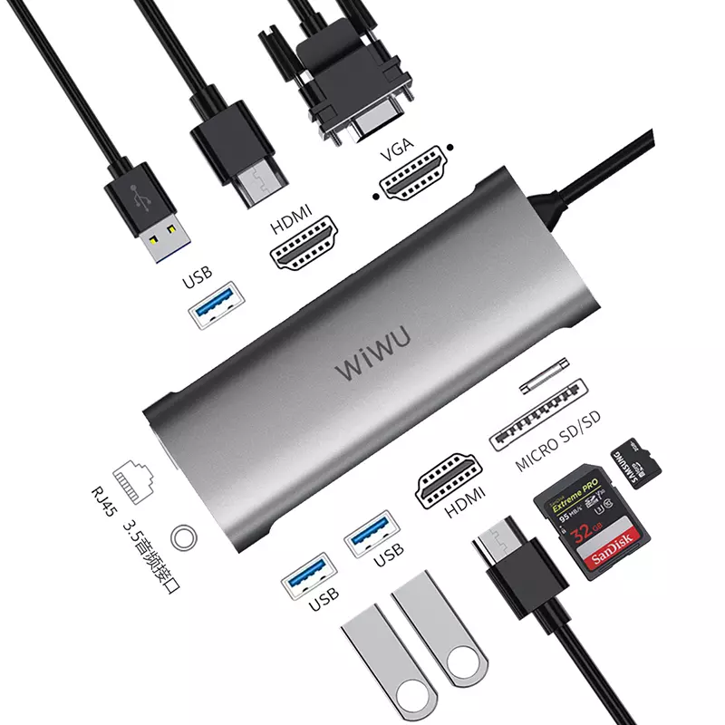 Hub chia cổng Type-C đa năng 10 in 1 từ Type C chia ra 3 cổng USB 3.0, AUX 3.5mm, 2 cổng HDMI chuẩn 4k, VGA 1080P, LAN RJ45, thẻ nhớ SD/Micro SD hiệu Wiwu Alpha A11312H - hàng nhập khẩu