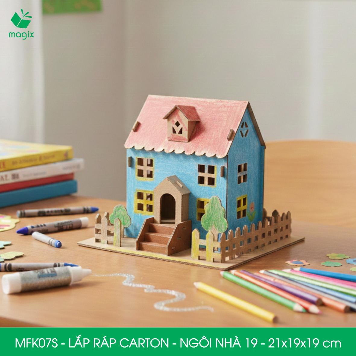 MFK07S - 21x19x19 cm - Mô hình ngôi nhà lắp ráp từ bìa carton cao cấp, nhà giấy carton mini sáng tạo