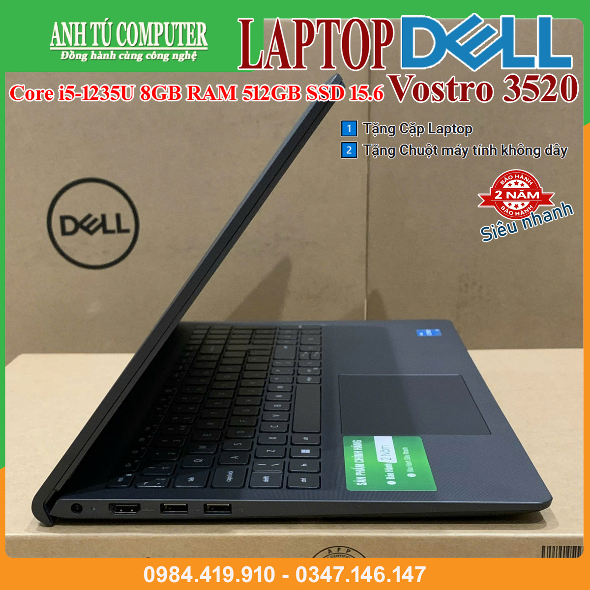 Laptop Dell Vostro 3520 Core i5-1235U 8GB RAM 512GB SSD 15.6″ FHD Black Hàng chính hãng