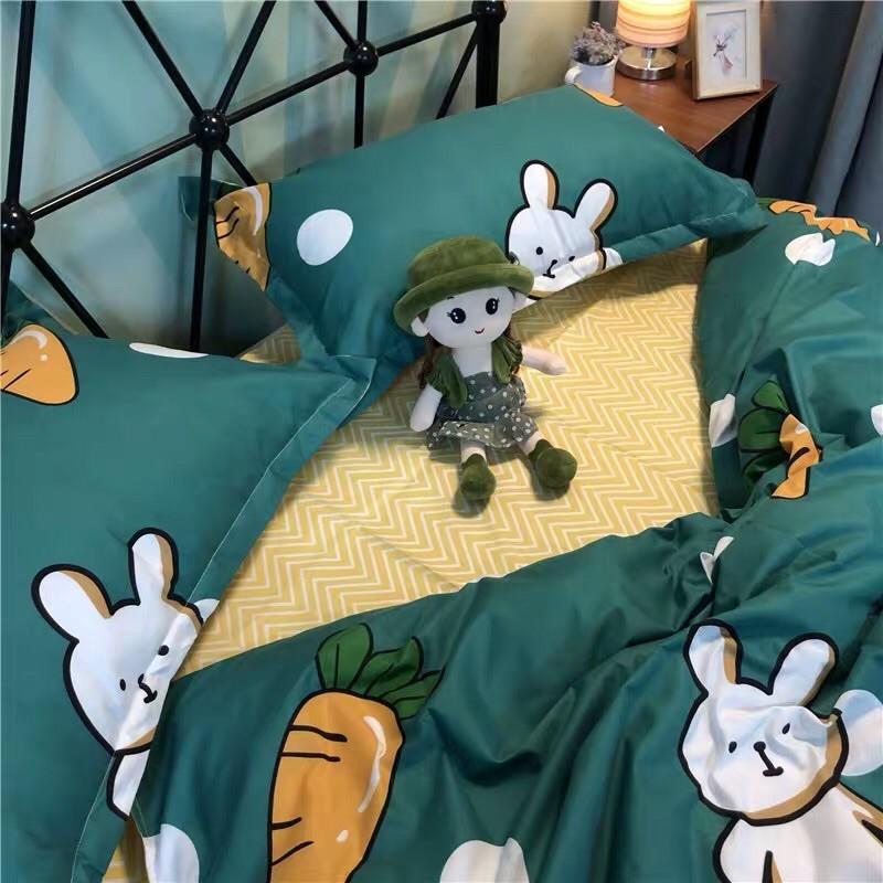 Set Chăn Ga Cotton Poly Voi Thỏ Cà Rốt Ga Kẻ Rích Rắc Vàng Trắng Hàng Loại Một Shinbedding.shop