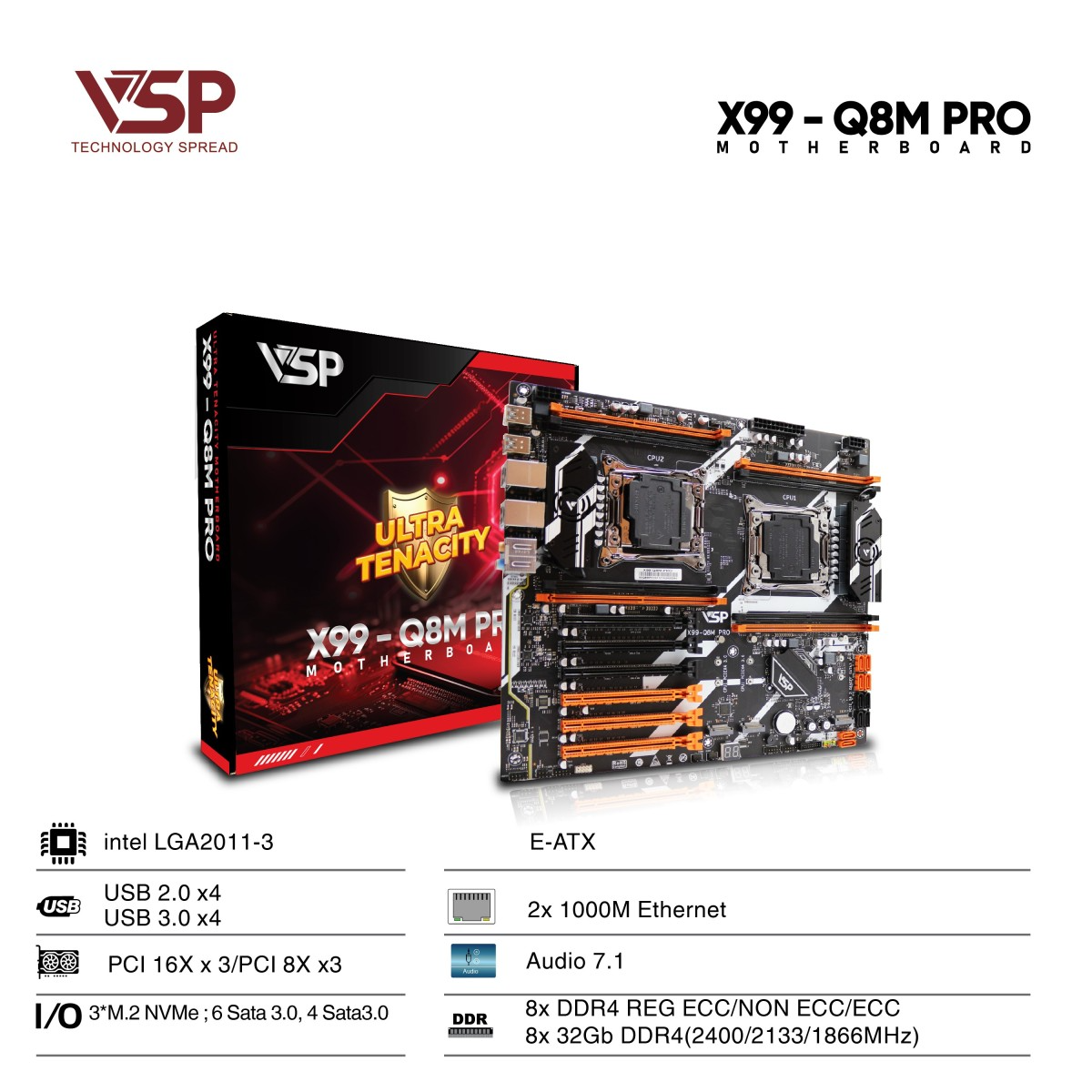 Bo Mạch Chủ Main VSP X99-Q8M PRO D4 (Dual CPU) Socket LGA 2011 – Hàng Chính Hãng