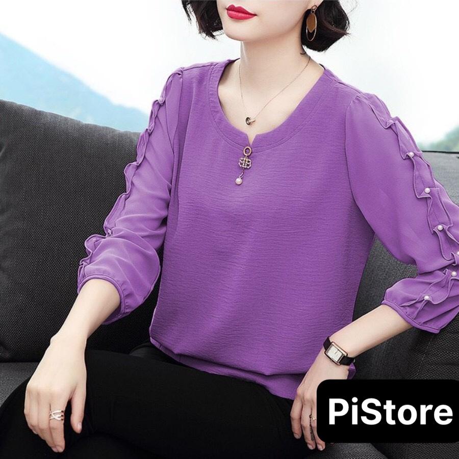 ️Có Big Size️ Áo Trung Niên Nữ Đính Cườm Trẻ Trung , Mẫu Áo Kiểu Trung Niên Cổ Tròn Tay Dài Đính Nút Sang Trọng