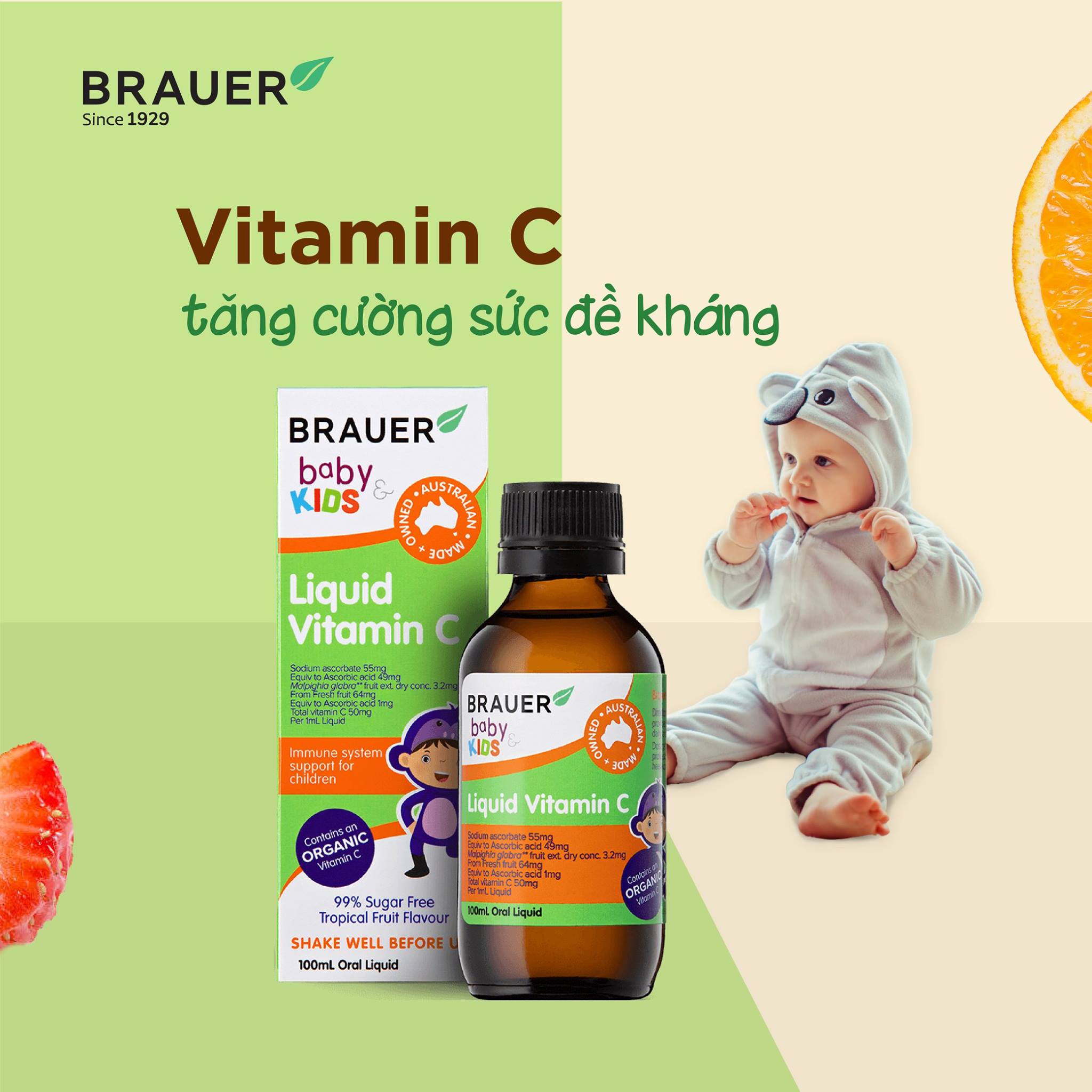 Vitamin C cho trẻ trên 1 tuổi Brauer Baby & Kids Liquid Vitamin C tăng sức đề kháng - QuaTangMe Extaste