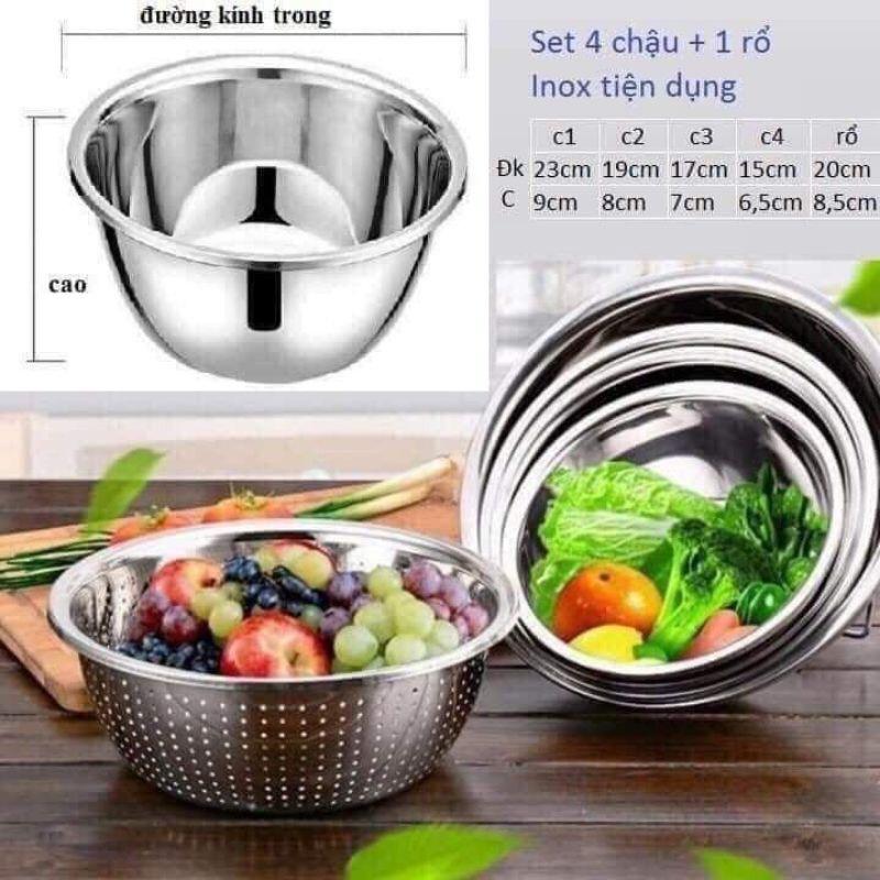 Bộ thau rổ inox 304 set 5 món, Chậu rổ nhà bếp-Onlycook (inox mờ)