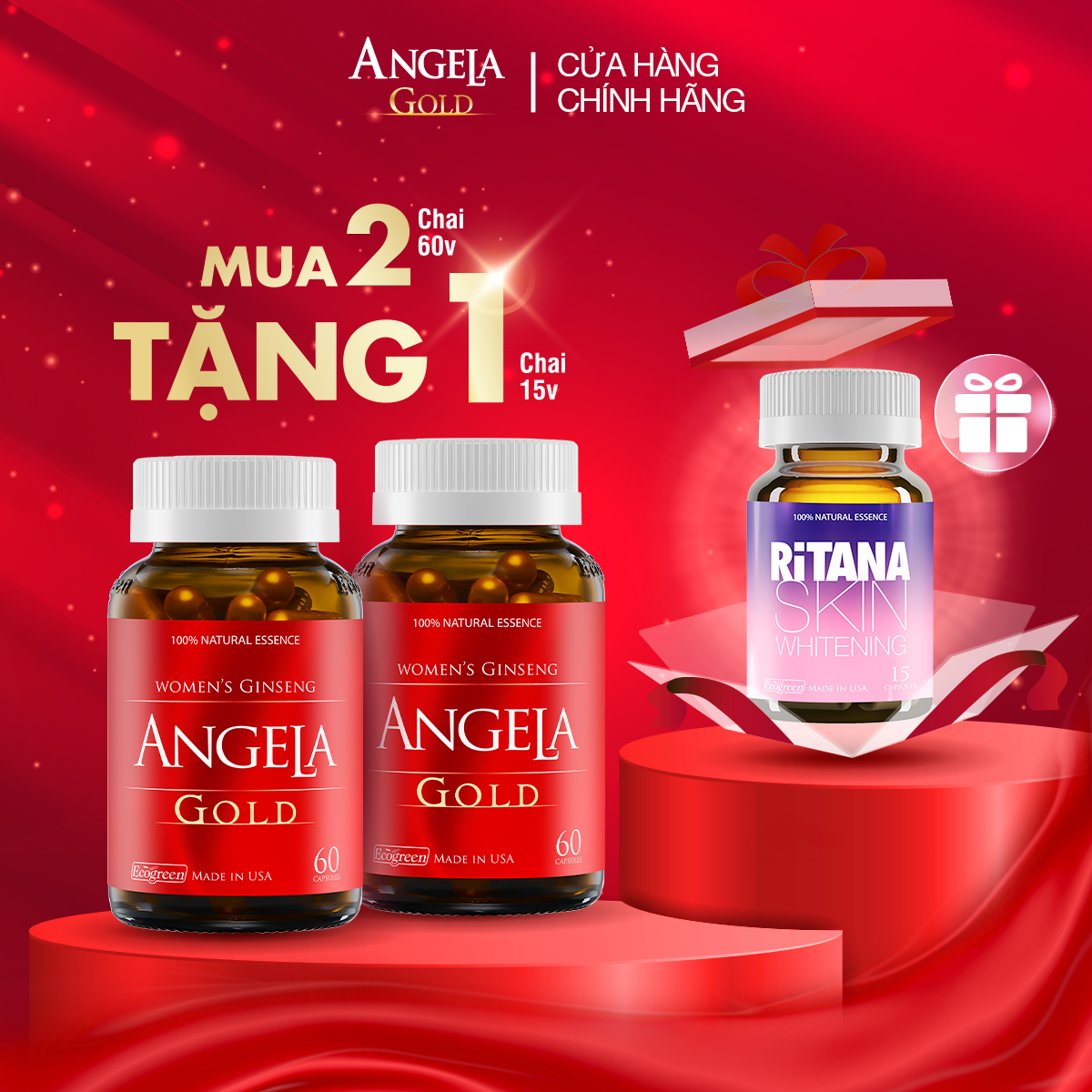 Combo 2 hộp ANGELA GOLD tăng cường sinh lý nữ 60 viên tặng 1 hộp RITANA 15 viên