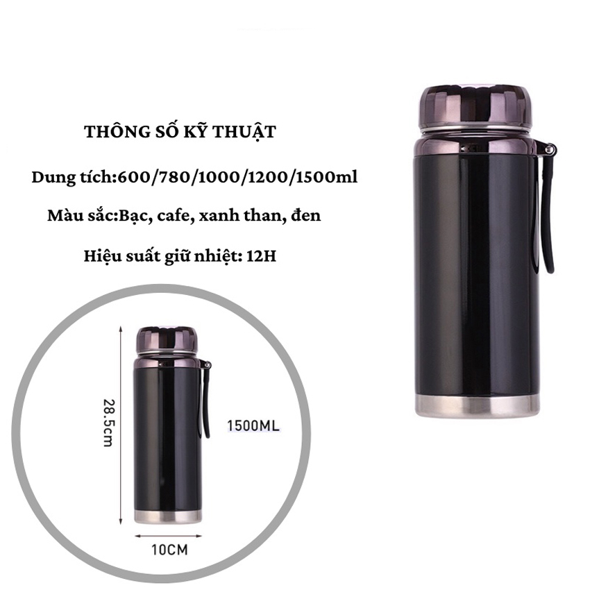 Bình giữ nhiệt kim cương 1500ML nắp đậy chặt chống rỉ sét giữ nhiệt nóng lạnh tốt 6 - 8h có quai đeo chắc chắn thiết kế sang trọng mầu sắc thanh lịch tiện lợi 1 lưới lọc inox  pha trà