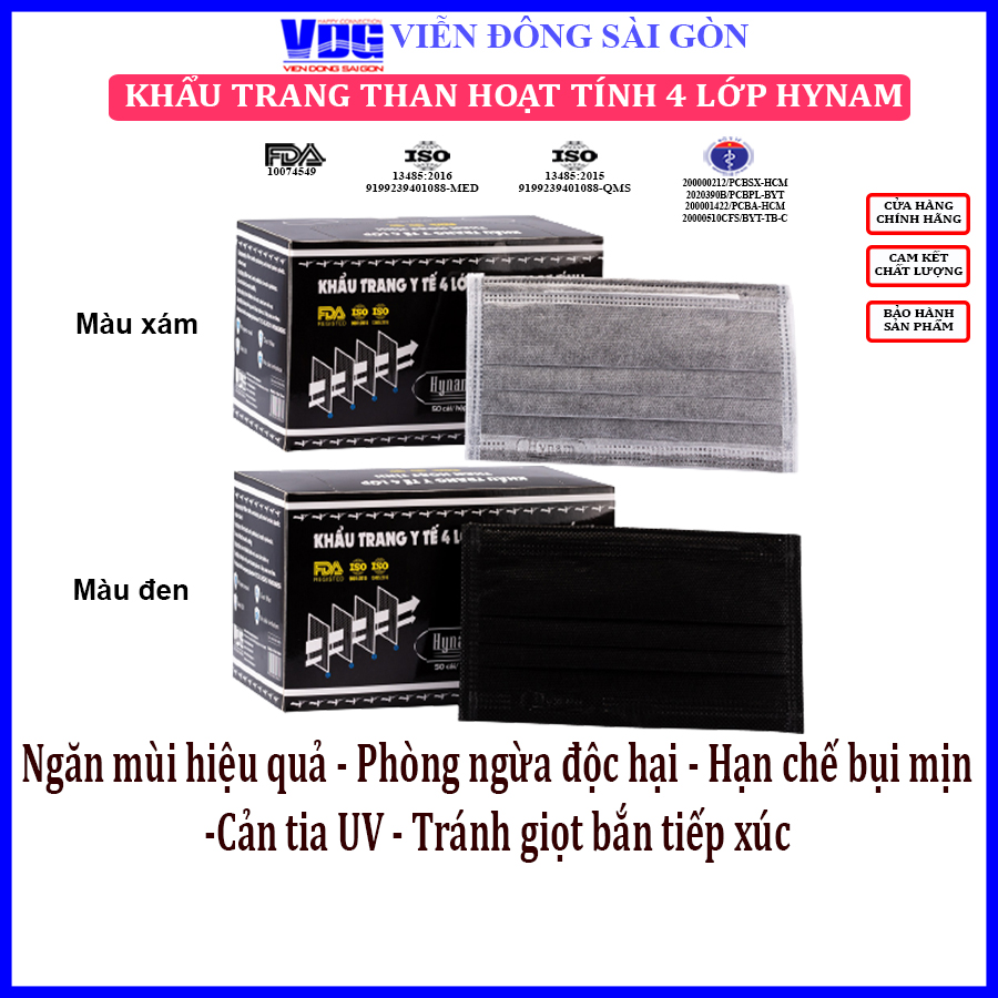 Khẩu trang y tế 4 lớp Hynam than hoạt tính (50 cái/ hộp)-Kháng khuẩn, chống bụi mịn, ngăn ngừa bệnh hô hấp