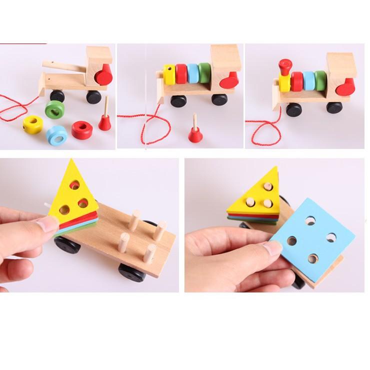 Đoàn tàu chở hình, chở khối bằng gỗ cho bé, giúp bé nhận biết màu sắc hình khối