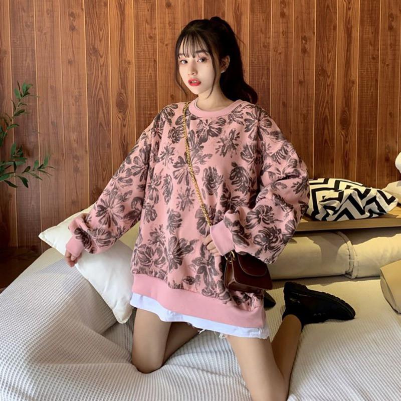 Áo thun sweater dáng rộng tay dài in hình dễ thương