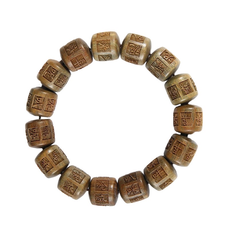 VÒNG TAY GỖ ĐÀN HƯƠNG XANH 15mm KHẮC LỤC TỰ OM MANI TIẾNG TRUNG LỜI NGUYỆN CẦU HẠNH PHÚC