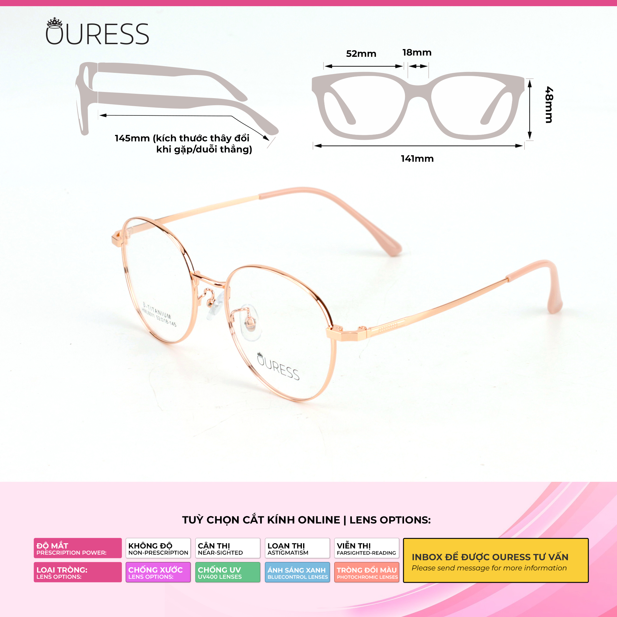 Gọng kính Titanium cao cấp thời trang nam nữ Ouress HML6011