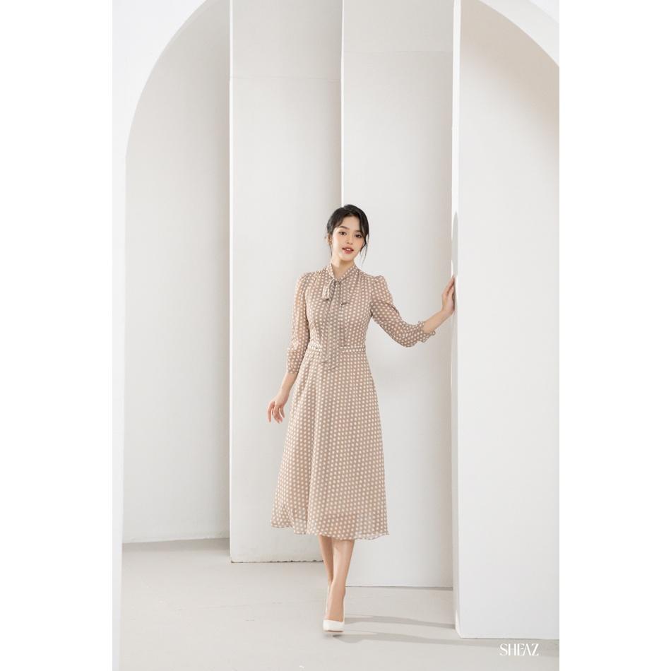 SHEAZ Đầm váy tơ chấm bi nâu trắng nhạt vintage cổ dây nơ tay lỡ midi dài qua đầu gối