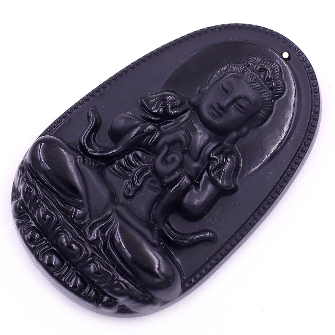 Mặt Phật Đại nhật như lai đá thạch anh đen 5 cm kèm vòng cổ dây cao su đen - mặt dây chuyền size lớn - size L, Mặt Phật bản mệnh