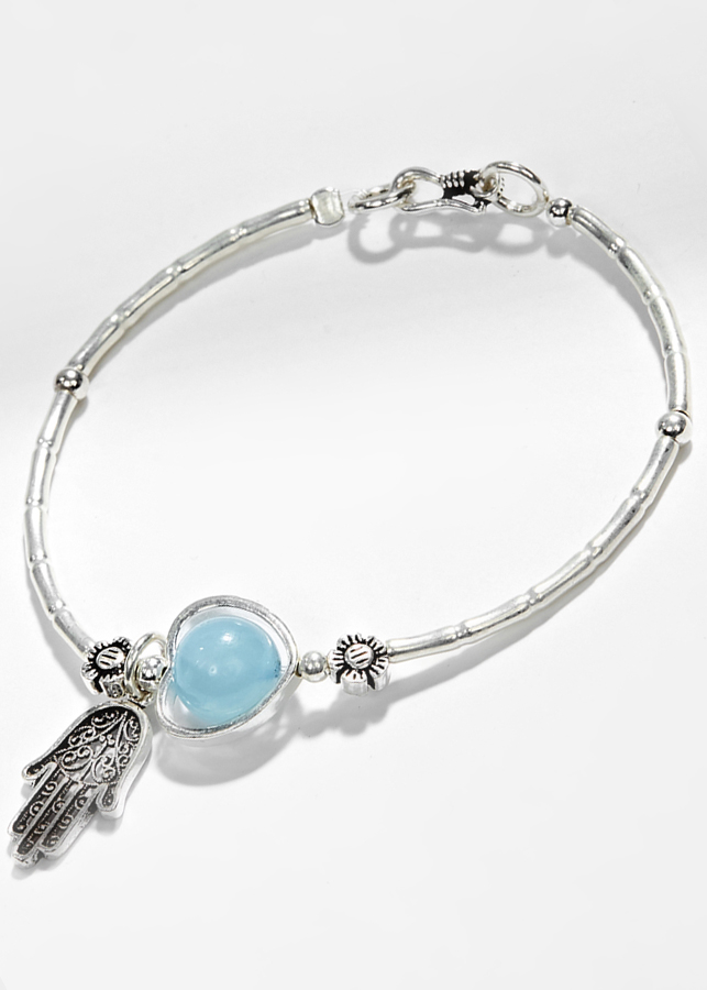 Vòng Tay Bạc 1 Hạt Đá Hải Lam Ngọc Phối Charm Bàn Tay Hamsa Bạc Ngọc Quý Gemstones