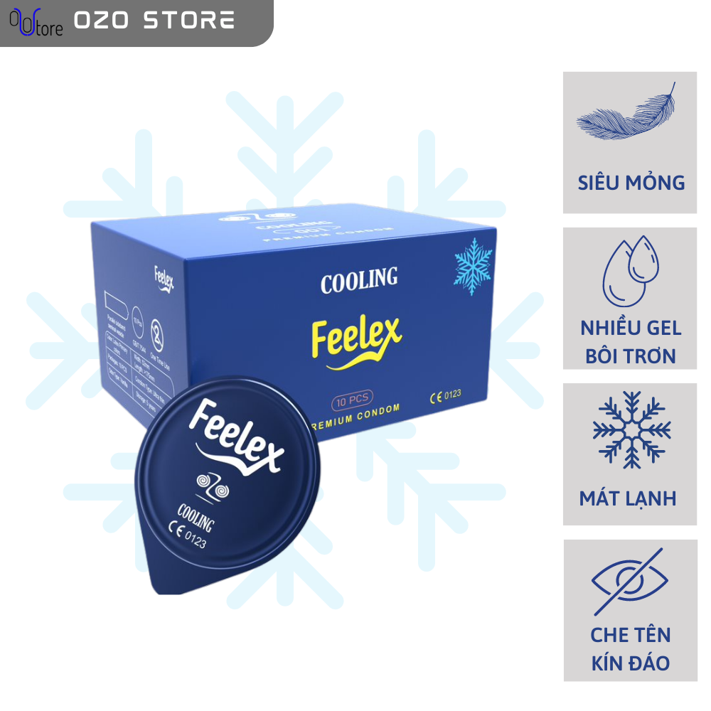 Bao cao su nam Feelex xanh Cooling, mỏng, nhiều gel bôi trơn, cảm giác mát lạnh - Hộp 10 bcs