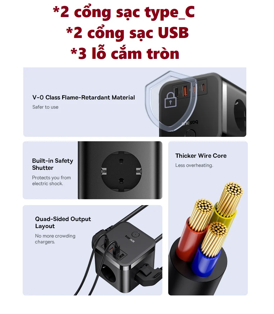 Bộ sạc đa năng 30W 4 cổng 2C 2U Baseus PoweCcombo Cube Power Strip BPS30-3E 1,5 mét _ Hàng chính hãng