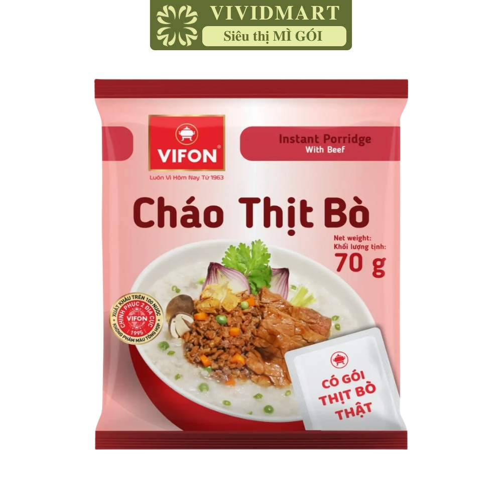 VIFON - Cháo Vifon 70g hương vị Thịt bò (có gói thịt bò thật), Vifon Cháo thịt bò Vifon cháo ăn liền (70g/gói)