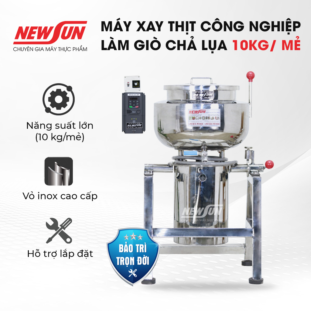 Máy xay giò chả 10kg/mẻ NEWSUN, máy xay an toàn, chất liệu inox cao cấp + Quà tặng phụ kiện - Hàng chính hãng