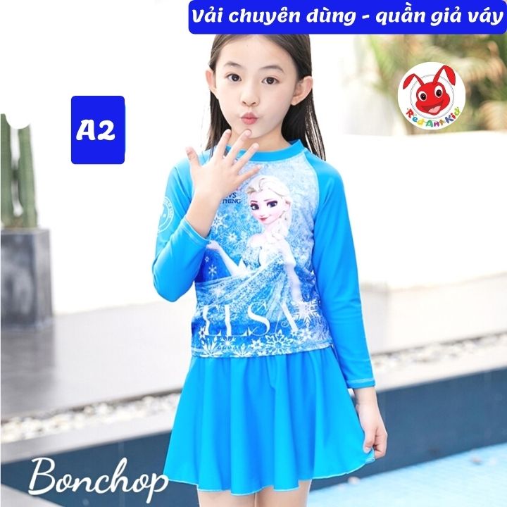 Đồ bơi bé gái tay dài hình Elsa - Pony từ 10-39kg -quần giả váy tạo kín đáo- Kiến Lửa