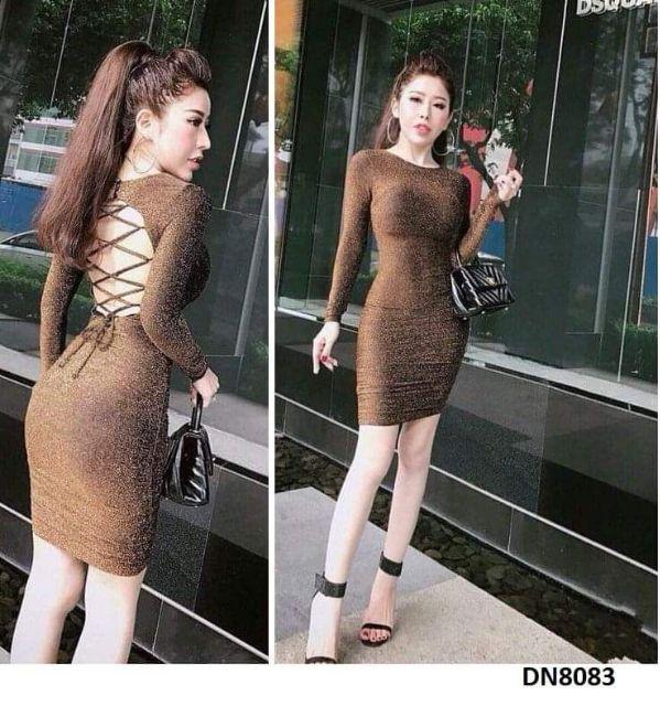Đầm body tay dài hở lưng ánh kim
