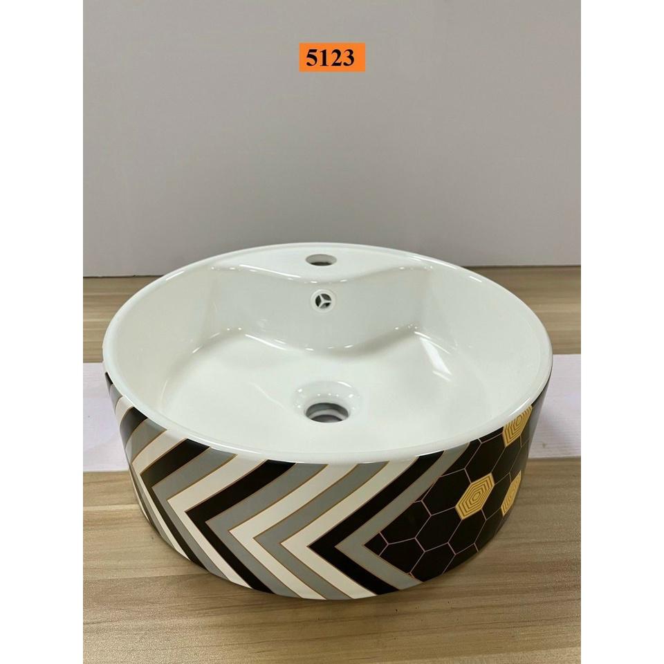 Bồn Lavabo Sứ Tròn Hoạ Tiết Hoa Văn đen