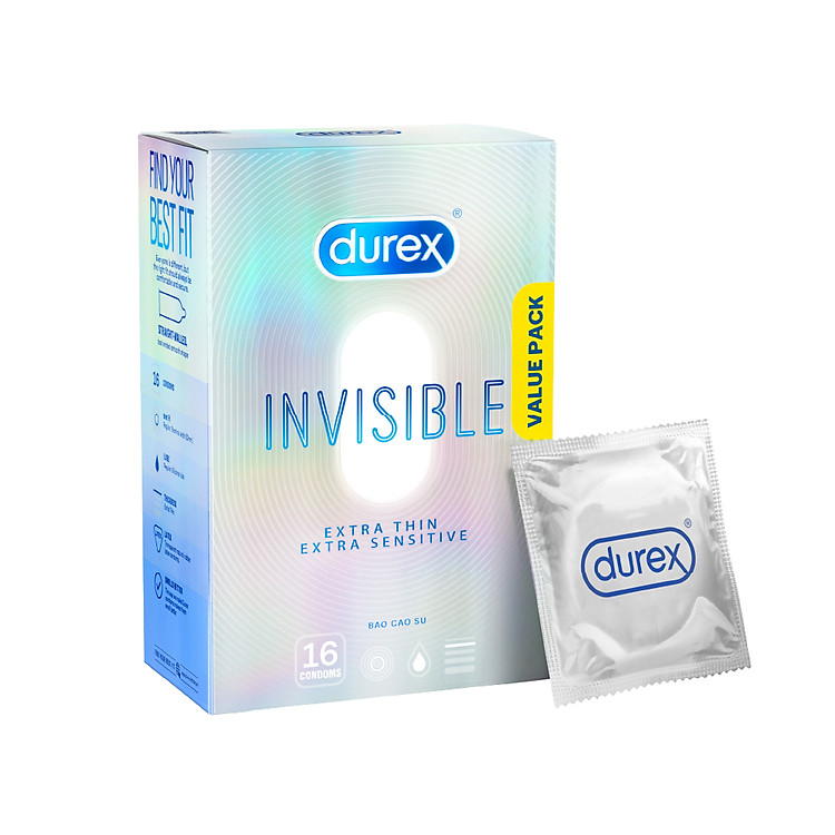 Bao Cao Su Durex Invisible Siêu Mỏng, Size 52 mm, Hộp 16 Bao Mới Ra Mắt - Hộp Lớn Siêu Tiết Kiệm