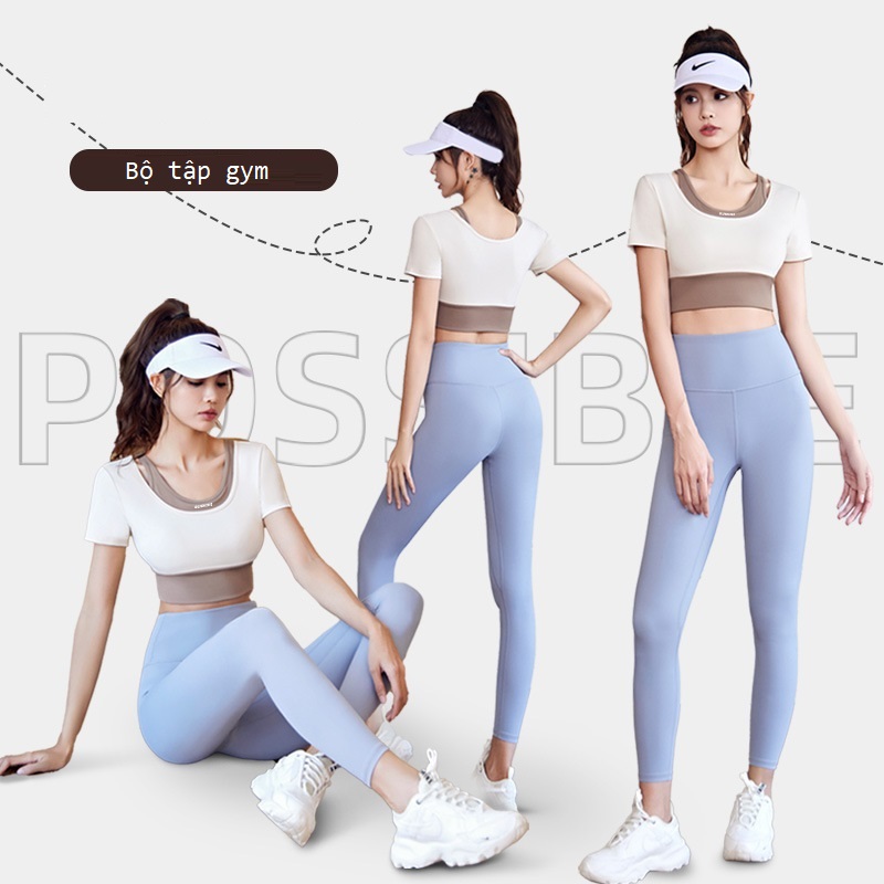 Bộ đồ tập gym yoga nữ 2 món, áo croptop có mút và quần dài ôm body tôn dáng, thời trang