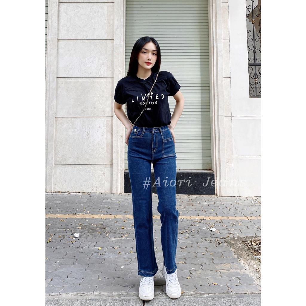 Quần Jeans Nữ AIORI Ống Suông Đứng Nắp Túi Dáng dài chất bò jean cao cấp co giãn mềm mịn thời trang 4 mùa Mã E002 - Xanh Đậm, Xanh Đậm