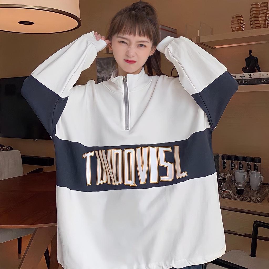 Áo Sweater Zip Nỉ Unisex Cổ Cao Thêu Chữ TUNOQV Dáng Rộng