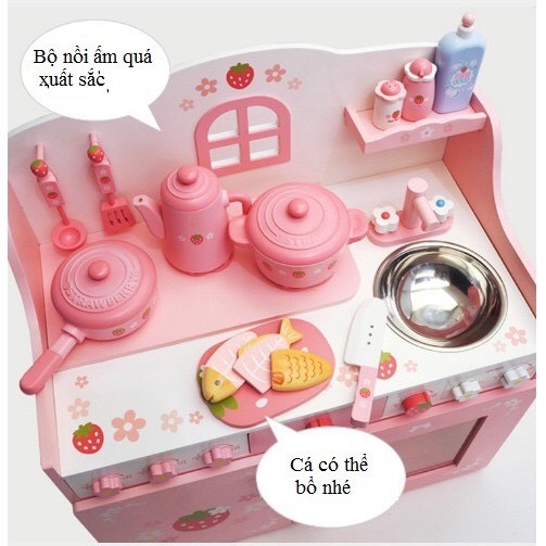 Bếp Nguyên khối hồng 1 dâu kèm chân kê- đồ chơi gỗ