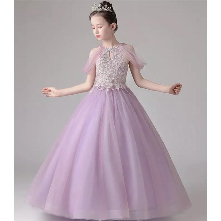 Váy thiết kế đầm công chúa bé gái tùng dài sofia màu tím DBG091