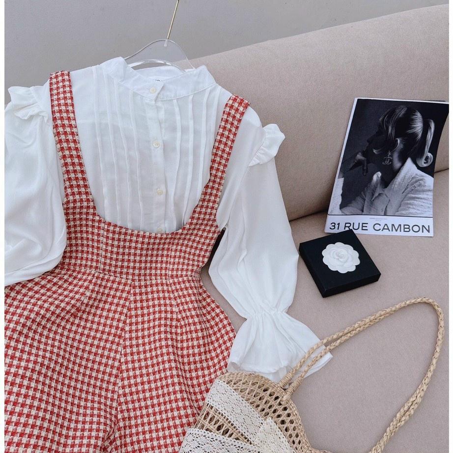 Jumpsuit dạ caro kèm Áo sơmi xếp ly tay bèo siêu xinh