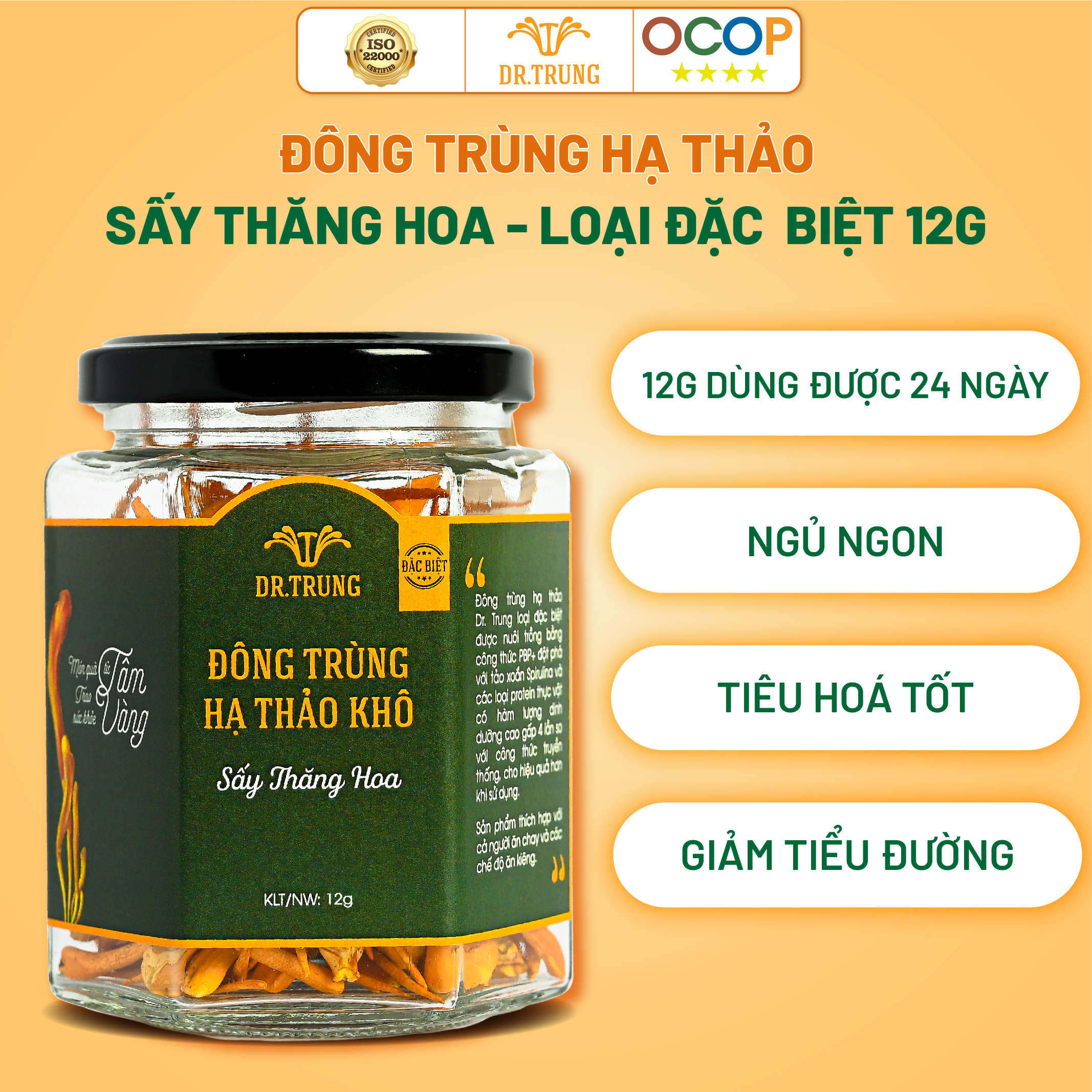 Đông trùng hạ thảo Dr. Trung Sấy thăng hoa loại Đặc biệt - Công thức cải tiến đặc biệt với tảo Spirulina và Protein thực vật, Không sử dụng nhộng tằm, không gây dị ứng, Dùng được với người ăn chay