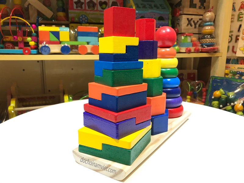 Xếp chồng tháp 3 cọc đồ chơi gỗ Montessori thông minh
