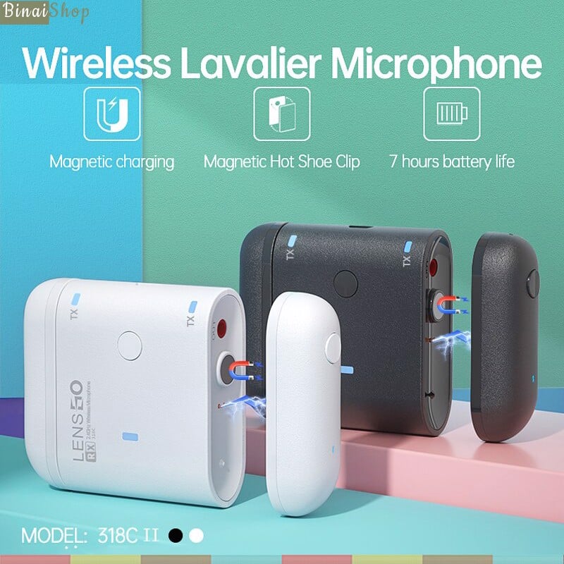 Lensgo 318C II - Micro Cài Áo Không Dây 2.4GHz, Trang Bị Eco, Tích Hợp Sạc RX, Cho Smartphone, Máy Ảnh Máy Quay, Phạm Vi Hoạt Động 100m (Tặng Tay Cầm Lensgo L3)- hàng chính hãng