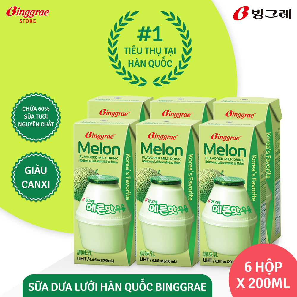 Lốc Sữa Dưa lưới Hàn Quốc Binggrae Melon Milk (200ml x 6 hộp)