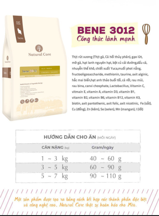 THỨC ĂN NATURAL CORE C3 BENE 3012 CHO MÈO MỌI LỨA TUỔI VỊ THỊT GÀ &amp; CÁ HỒI BAO 10KG