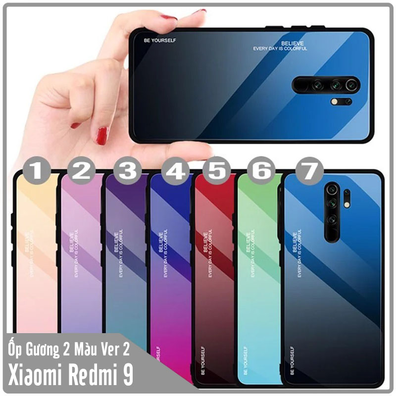 Ốp lưng cho Xiaomi Redmi 9 gương cứng 2 màu Gradient Ver 2 , viền TPU dẻo đen