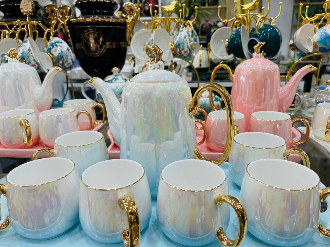 Bộ ấm chén pha trà men sứ ánh trai cao cấp - trắng