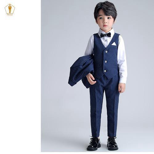 Set bộ vest TRAZ công tử màu đen xanh sọc vest đầy tháng thôi nôi bé trai