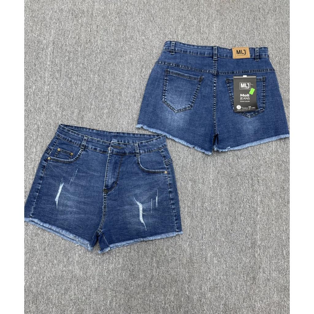 Quần short jean nữ BigSize lưng cao trên rốn, co dãn mạnh, tua lai, màu xanh đậm rách kiểu dành cho người mập 2717